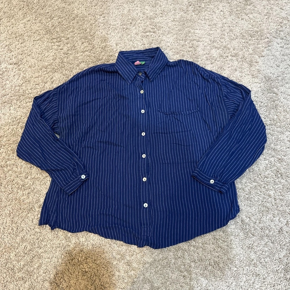 FARM Rio Shirt Womens Small Blue White Pinstripe Button Front Long Sleeve